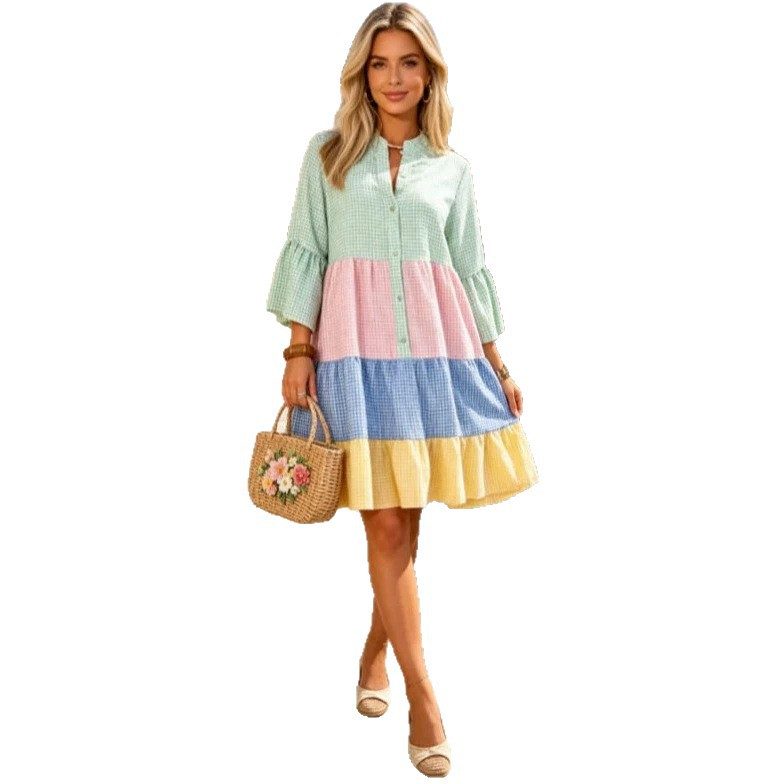 Robe Chemise Ample Patchwork Color-block à Carreaux, Manches Évasées et Jupe à Volants Superposés