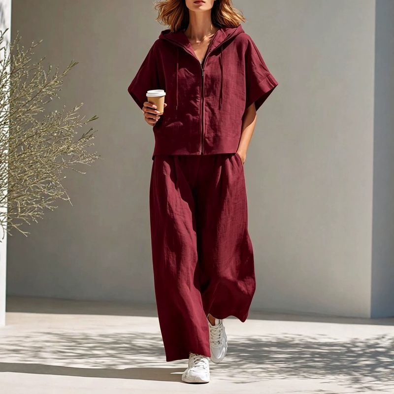Ensemble Haut en Lin Zippé à Capuche et Pantalon Fluide à Jambes Larges