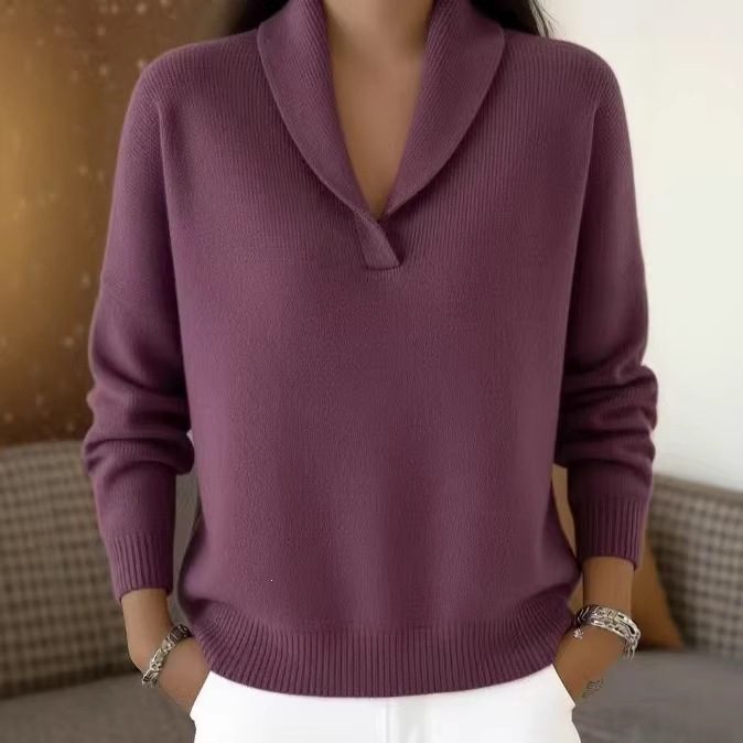 Pull Chic à Col en V Couleur Unie, Manches Longues et Coupe Ample
