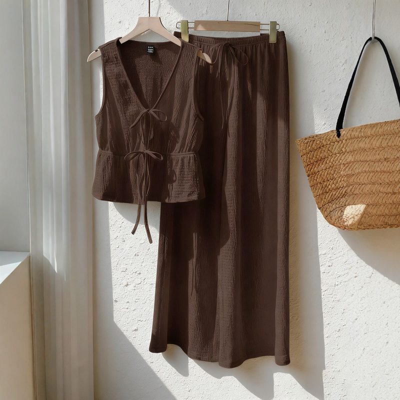 Uni-Color Sleeveless Top With Tie Detail And Décontracté Wide-Leg Pantalon Set