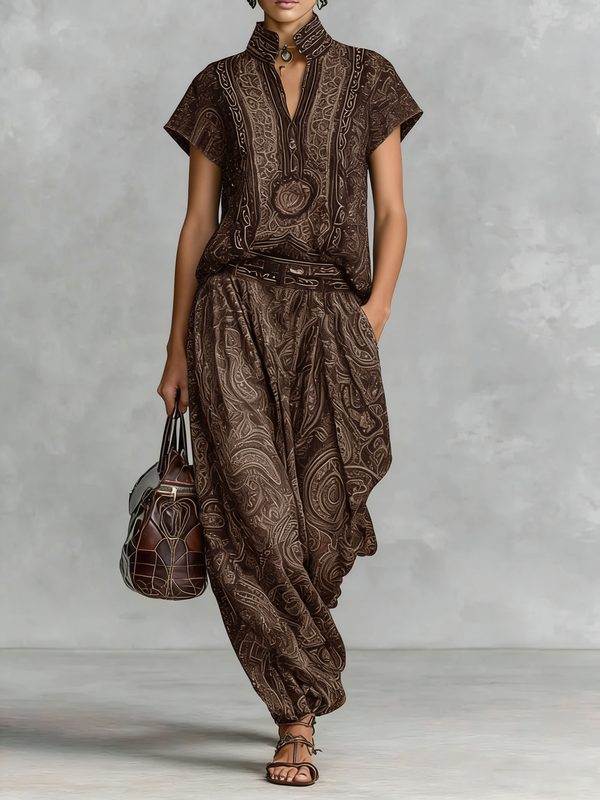 Ethnic Rétro Print Stand Collar Manches Courtes Top & Harem Pantalon Set - Décontracté Ample Vacation Two Piece Outfit