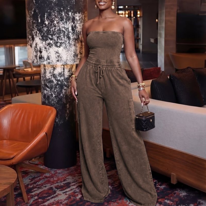 Femme Décontracté Washed Strapless Jumpsuit With Wide-Leg Pantalon