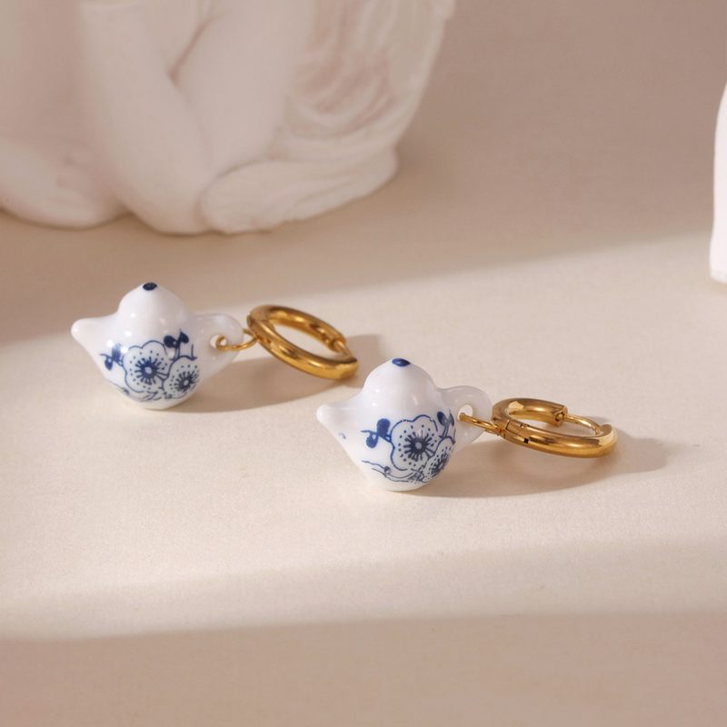 Chinese Blue And White Porcelain Earrings, 18K Gold Plated Stainless Steel Ceramic Dainty Drop Earrings