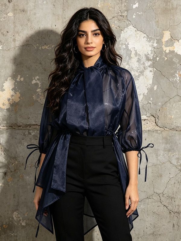 Navy Organza Bow Neck Drawstring Waist Sheer Manches Longues Blouse