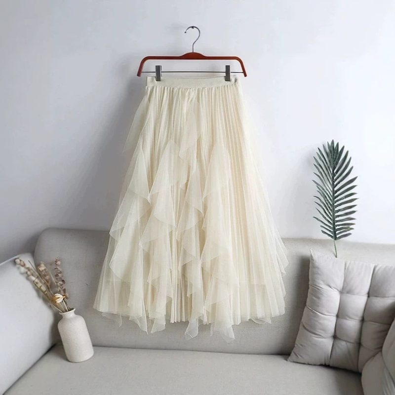 Mesh Patchwork And Calf-Length Jupe