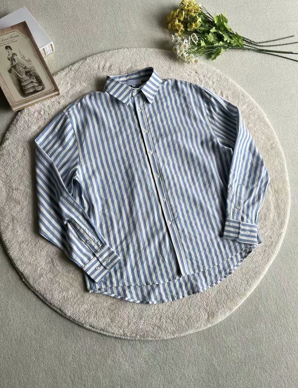 Chemise 100% Coton Rétro Délavée à Rayures Bleues et Blanches
