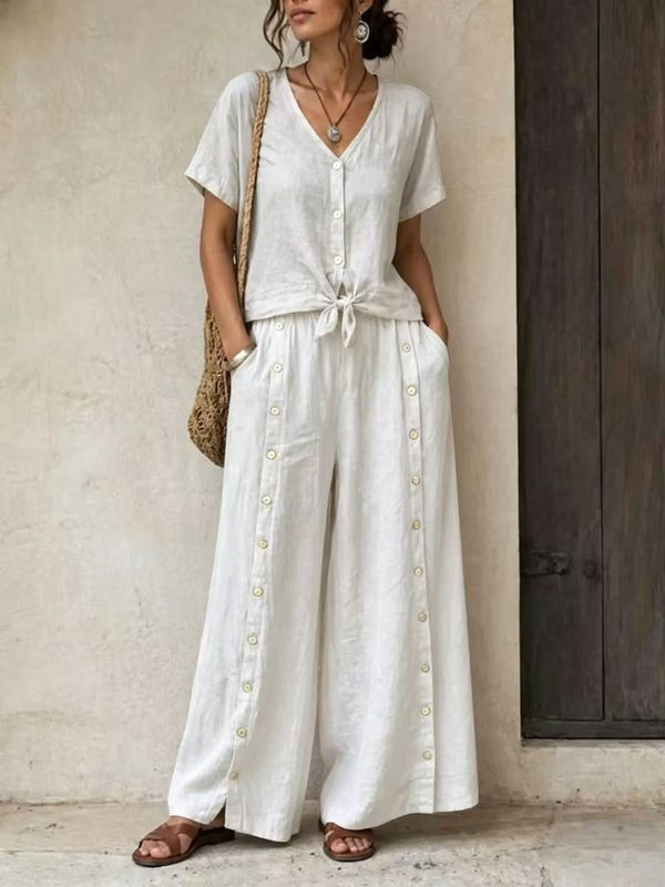 Ensemble Détente Chic en Coton-Lin Uni : Haut Ample Manches Courtes et Pantalon Large Taille Haute