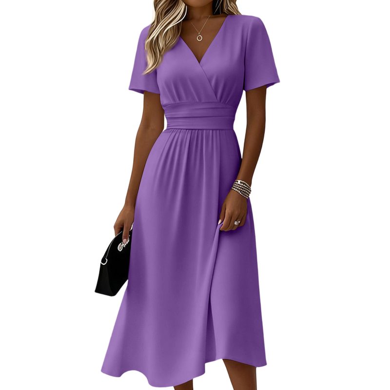 Robe Décontractée Unie Femme à Col V et Manches Courtes