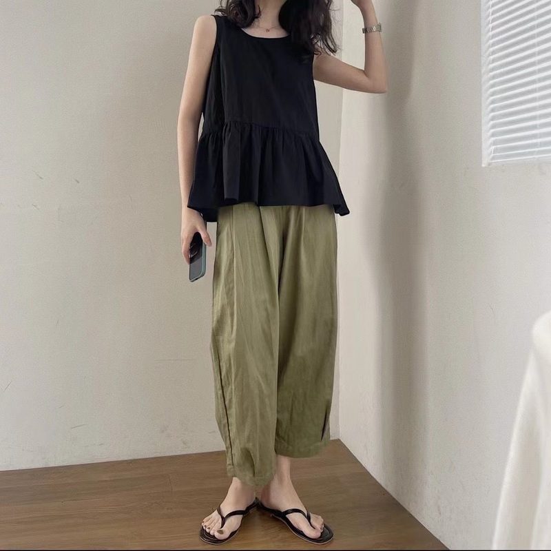 Nouveauté Été Femme : Ensemble Deux Pièces en Coton-Lin – Débardeur Ample Sans Manches Flattant la Silhouette et Capri Uni Polyvalent