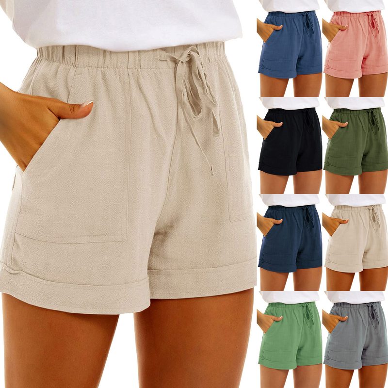 Femme Uni-Color Cotton-Linen Pocketed Drawstring Taille Haute Décontracté Shorts