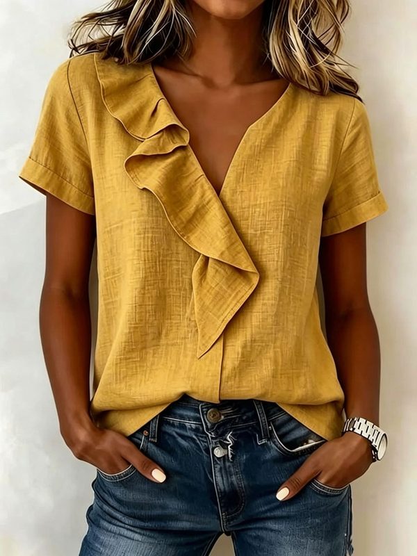 Top Chic Décontracté à Manches Courtes avec Ourlet Volanté pour Femme