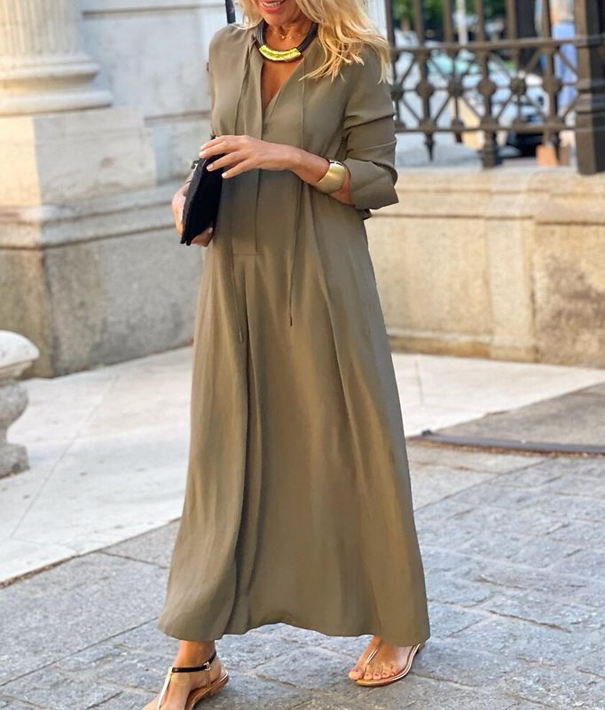 Uni Color V Neck Tie Front Manches Longues Maxi Robe, Ample Flowy Long Robe For Décontracté Vacation & Daily Wear
