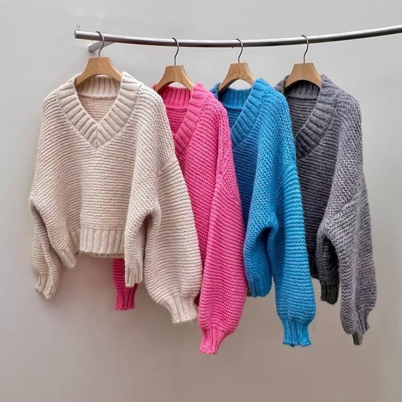 Pull Ample en Maille Épaisse à Col V et Manches Longues