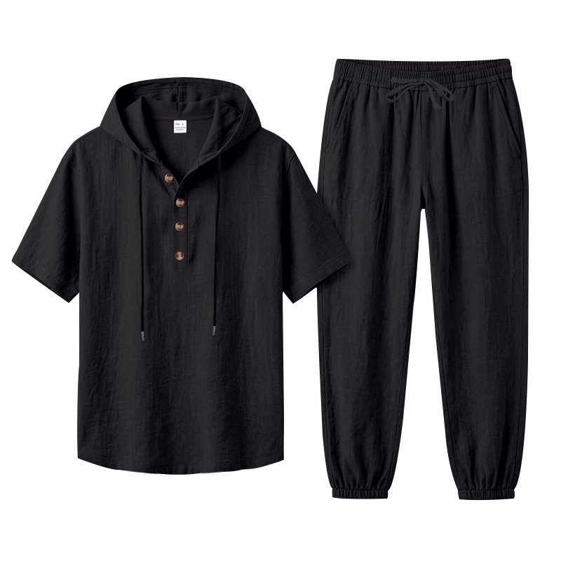 Ensemble Homme Décontracté Ample à Capuche, T-shirt Manches Courtes & Pantalon Long