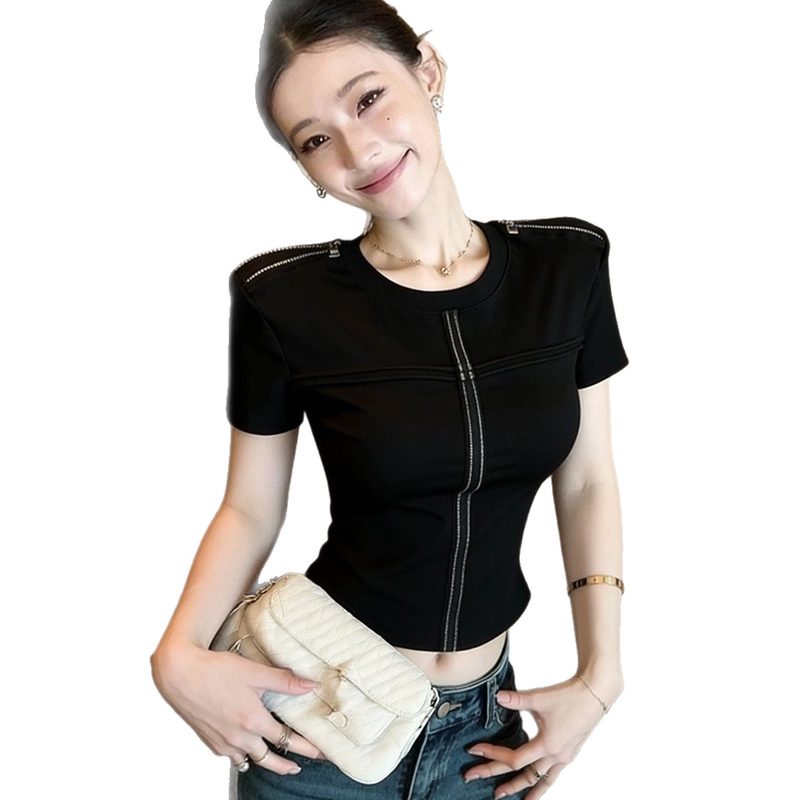 Femme Zip-Front Off-Shoulder Manches Courtes T-Shirt