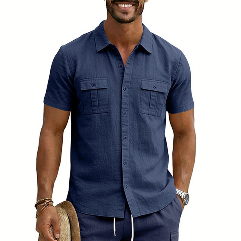 Chemise Cargo Décontractée à Manches Courtes, Multi-Poches et Col Revers