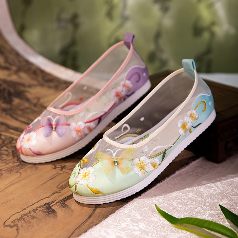 Ballerines Estivales BrodéEs en Maille Respirante - L'Élégance Vintage à Bout Rond, Chaussures Qipao Vertes, Polyvalentes pour un Style Décontracté Quotidien