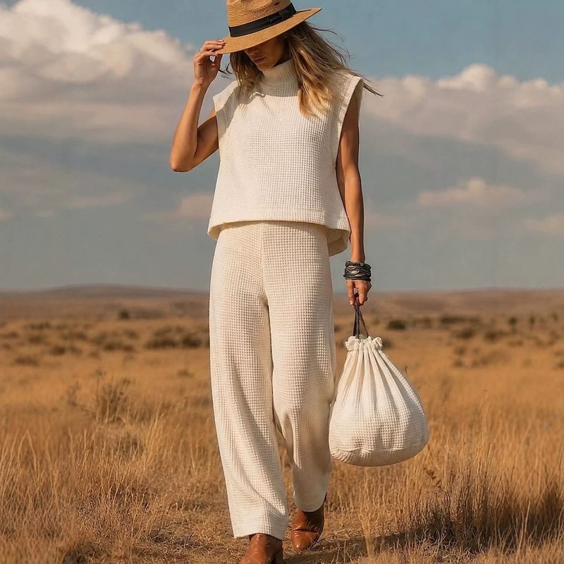 Ensemble Femme en Maille Gaufrée : Débardeur Sans Manches et Pantalon
