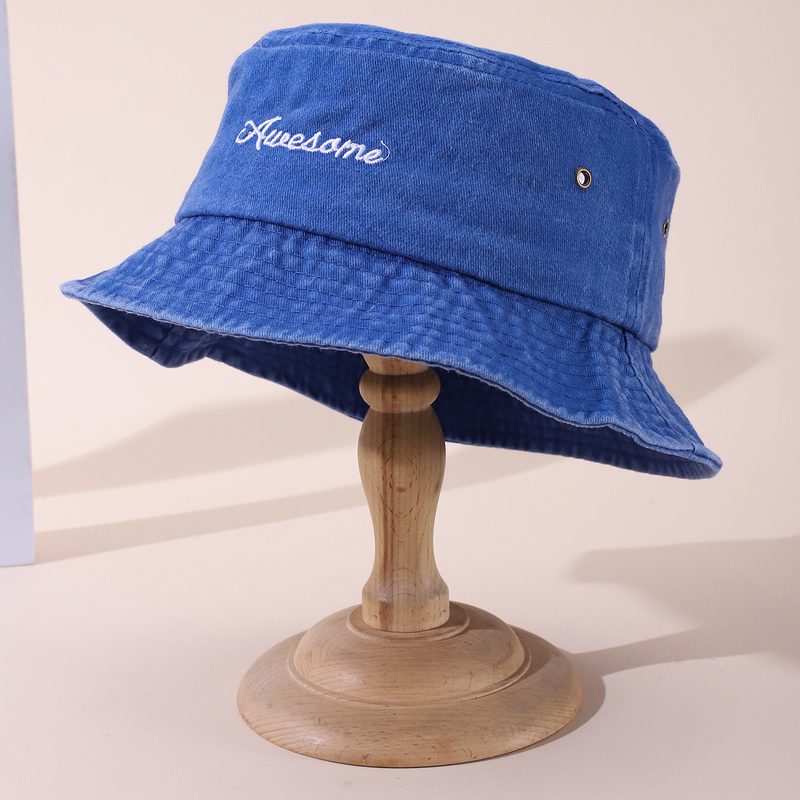 Uni-Color Artistic Font Embroidered Washed Denim Décontracté And Versatile Wide-Brimmed Fisherman Chapeau Suitable For Outdoor Activities And Fishing