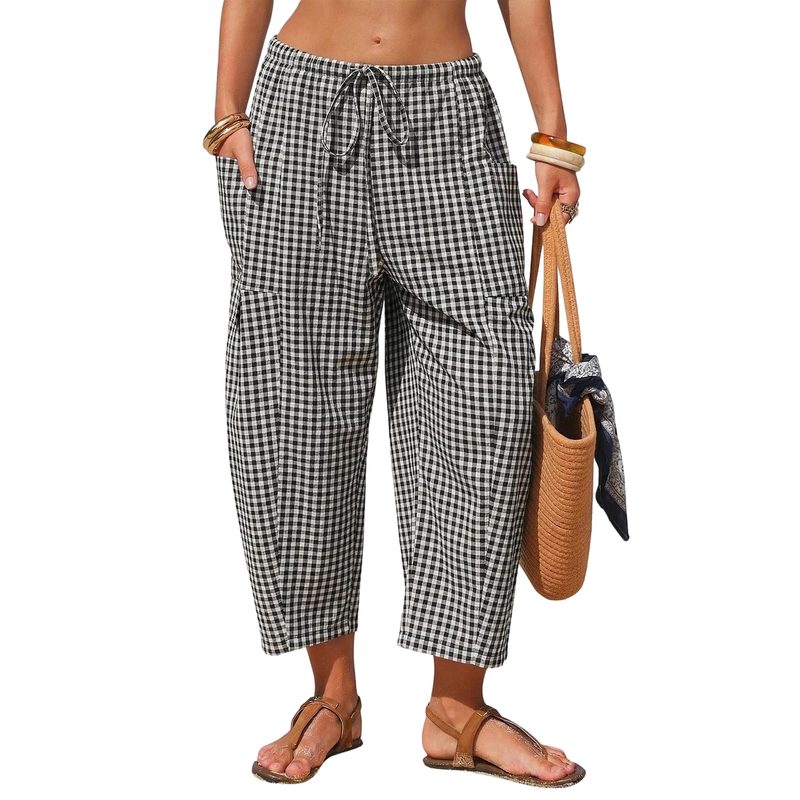 Pantalon Rétro à Carreaux avec Cordon, Taille Haute Amincissante, Coupe Droite 7/8ème