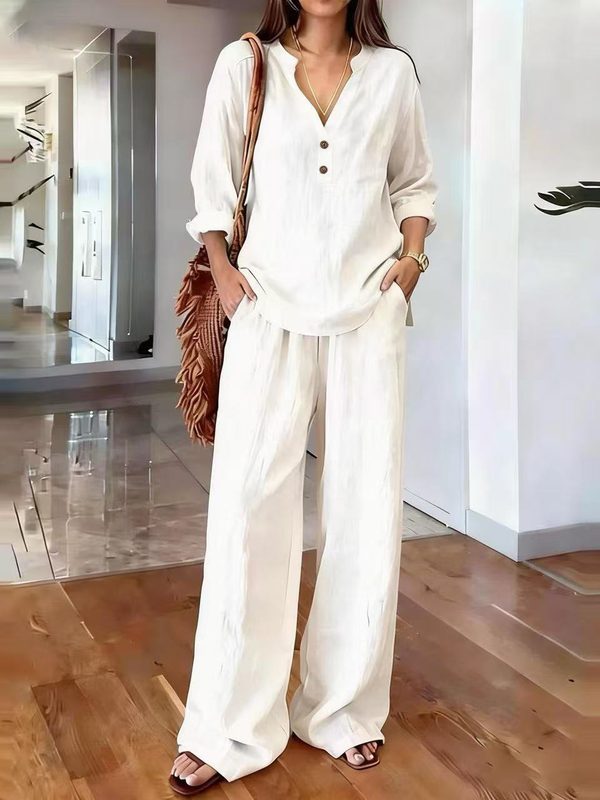 Ensemble Loungewear Deux Pièces : Haut à Col V Manches Longues à 2 Boutons et Pantalon Fluide