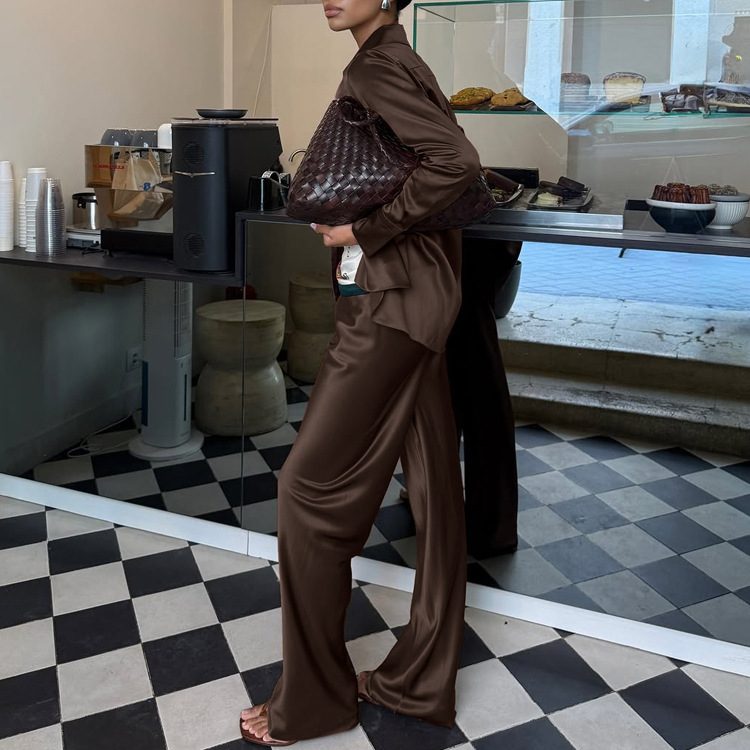 Décontracté Collared Long-Sleeved Cardigan Top And Wide-Leg Pantalon Two-Piece Set