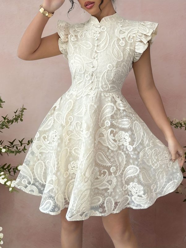 Robe en Dentelle à Col Montant et Manches Courtes pour Femme
