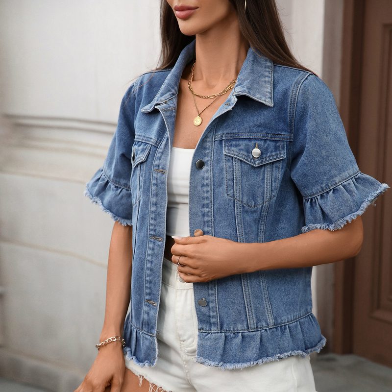 Veste en Jean Courte WISH Chic, Délavée Façon Américaine, Manches Courtes à Ourlet Frangé