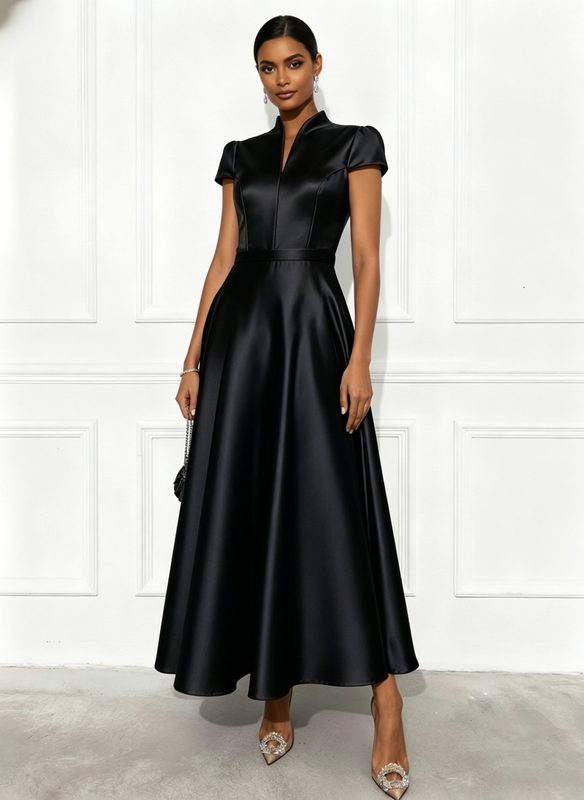 Robe Patineuse en Maille Satinée Unie à Manches Courtes et Taille Cintrée