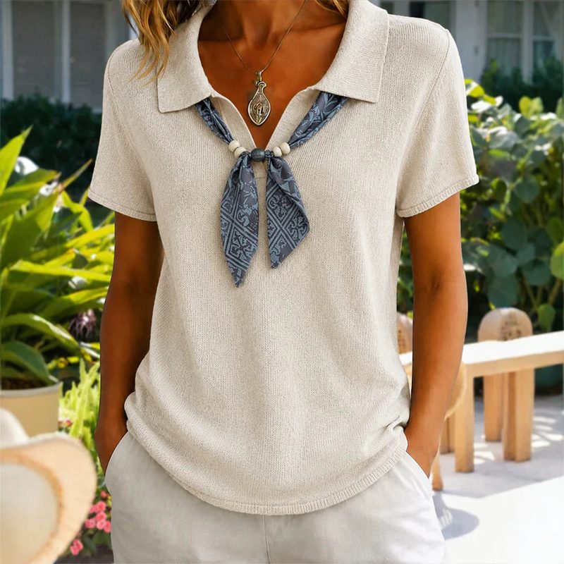 Top en Maille Col Roulé Femme, Manches Courtes & Ruban Délicat