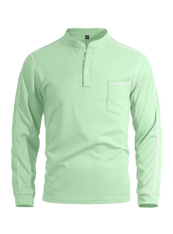 Homme Waffle-Texture Henley-Neck Manches Longues Polo Shirt