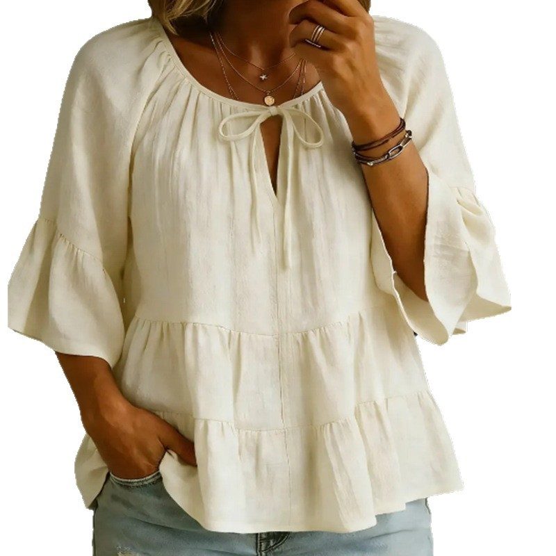 Col V Three-Quarter-Sleeve Pleated Cotton-Linen Blouse Top