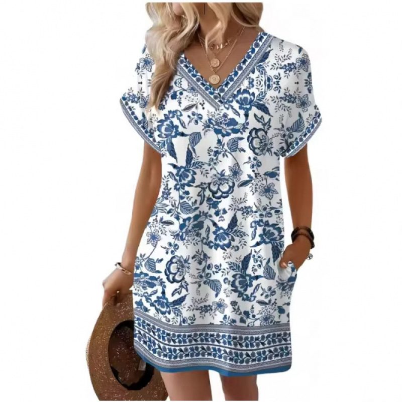 European And American-Style Imprimé Coupe Ample Col V Manches Courtes Robe