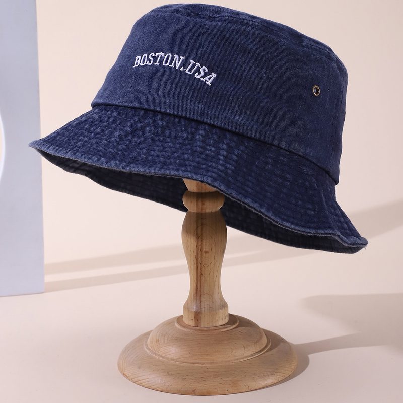 Single-Color Bost Embroidered Washed-Out Distressed Korean-Style Simple Wide-Brimmed Fisherman Chapeau, Suitable For Daily Outings And Shopping