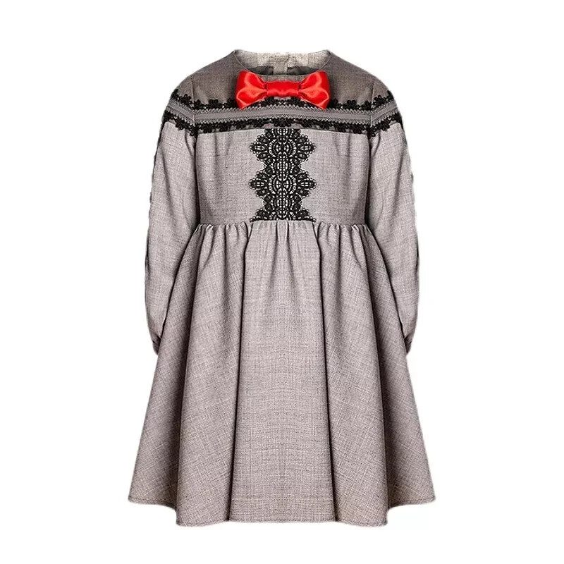 Fille Grey Velvet-Cotton Long Robe Enfant Vintage Lace Outfit 3-10Y Spring