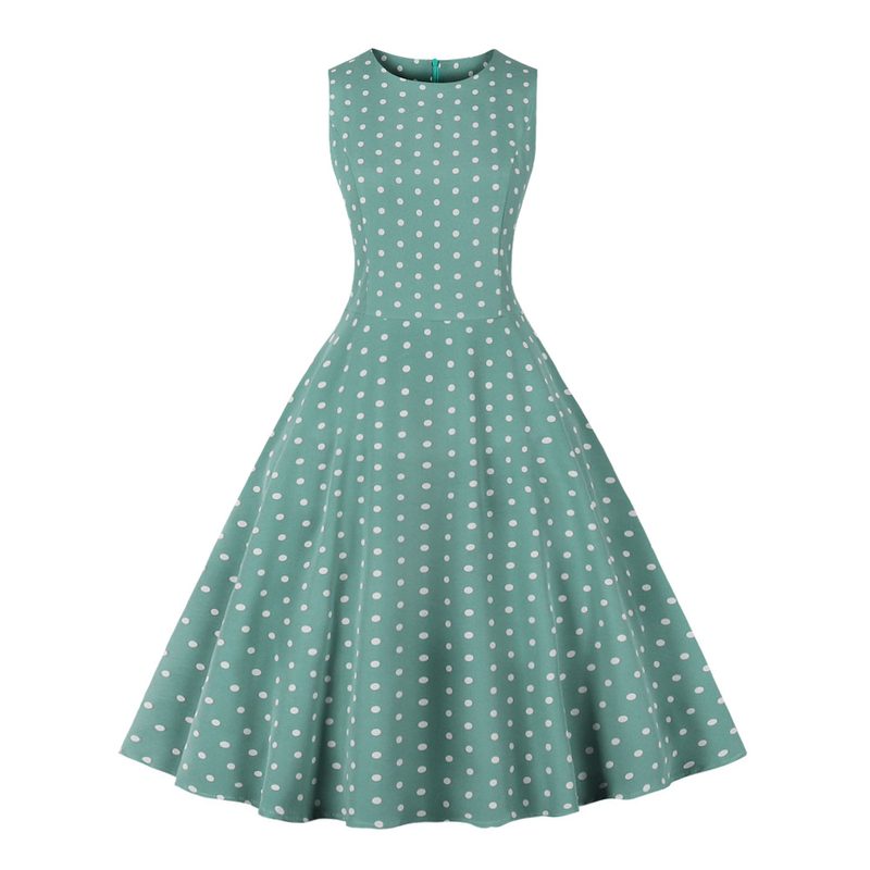 Robe Rétro Estivale à Petits Pois - Col Rond, Sans Manches et Coupe Trapèze Ajustée