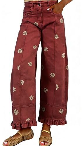 Pantalon Ample à Jambes Larges Imprimé Floral, Effet Jean d'Inspiration Vintage