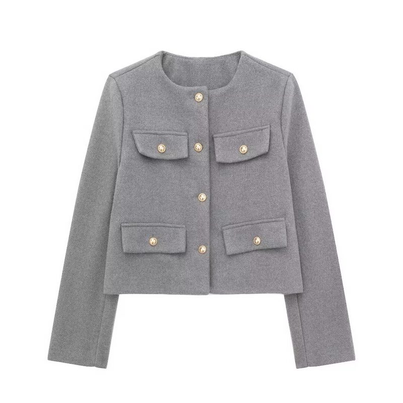 Pocket-Decorated Crew-Neck Cropped Chic Chanel-Style Veste Top