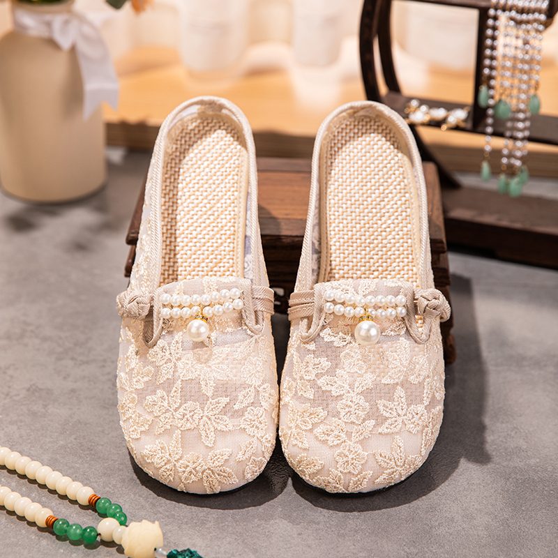 Mules d'Été en Maille Brodée pour Femme - Respirantes, à Petit Talon et Semelle Souple
