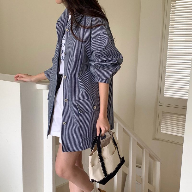 Commuter-Style Relaxed-Fit Striped Manches Longues Shirt Veste