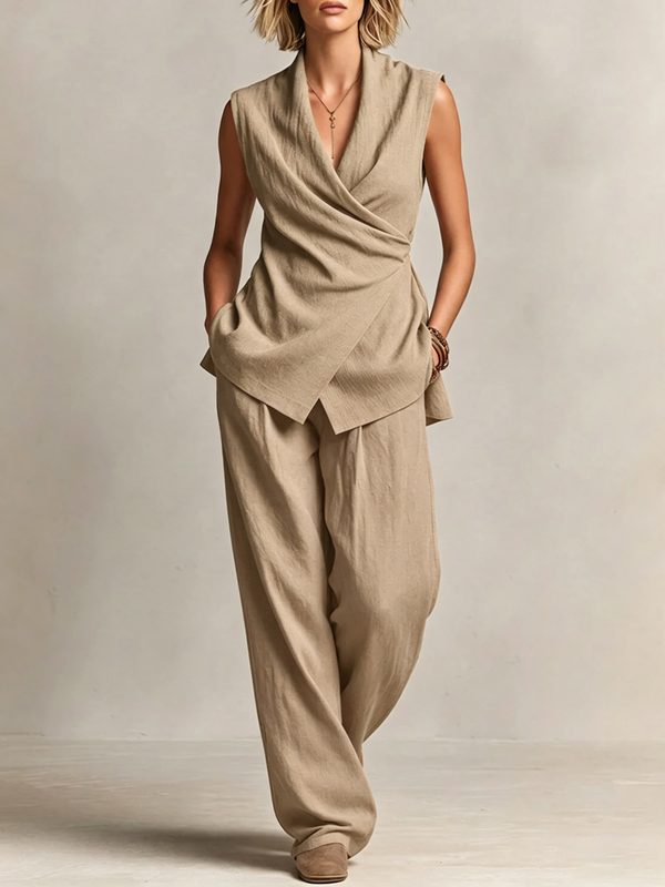 Ensemble Femme Chic : Top Sans Manches Col V et Pantalon Ample à Jambes Larges