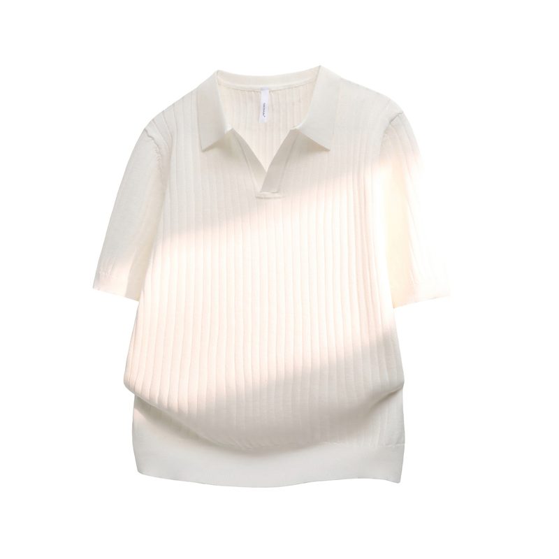 T-shirt en maille à rayures, col cranté et demi-zip