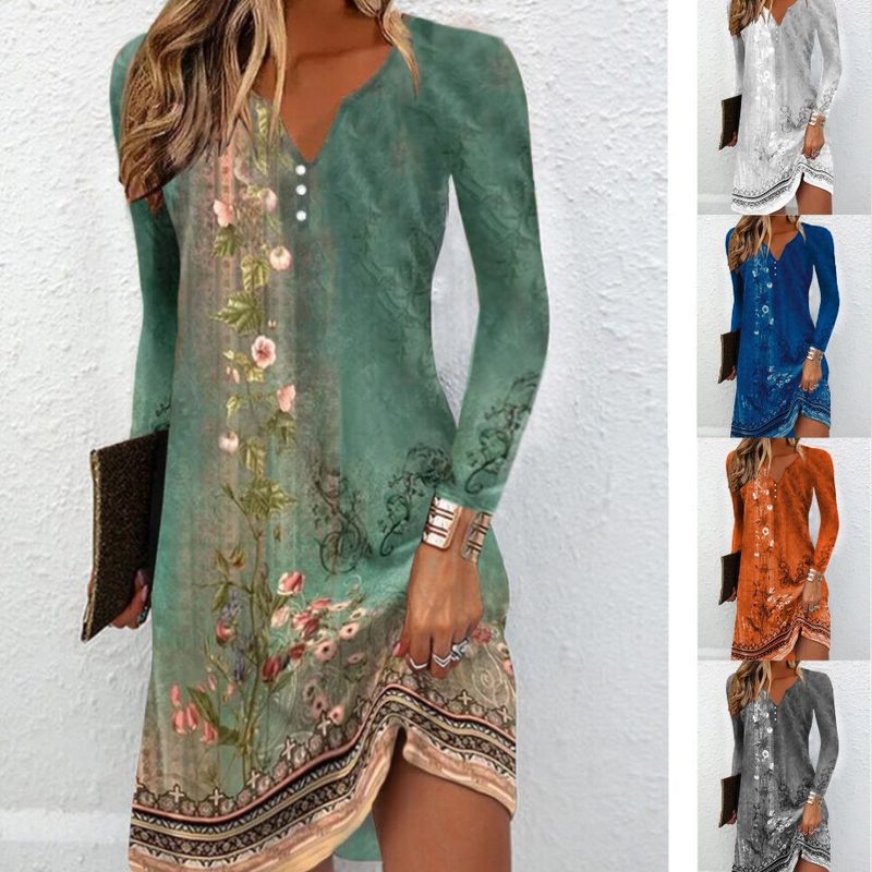 Manches Longues Col V Buttoned Asymmetrical Robe