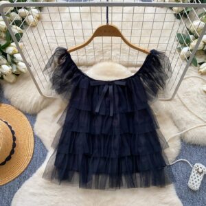 Blouse en Tulle Multicouche à Nœud Ravissant