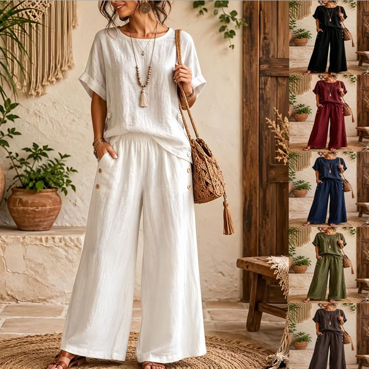 Ensemble Décontracté Uni en Coton-Lin : Haut Col Rond Manches Courtes et Pantalon Large Taille Haute