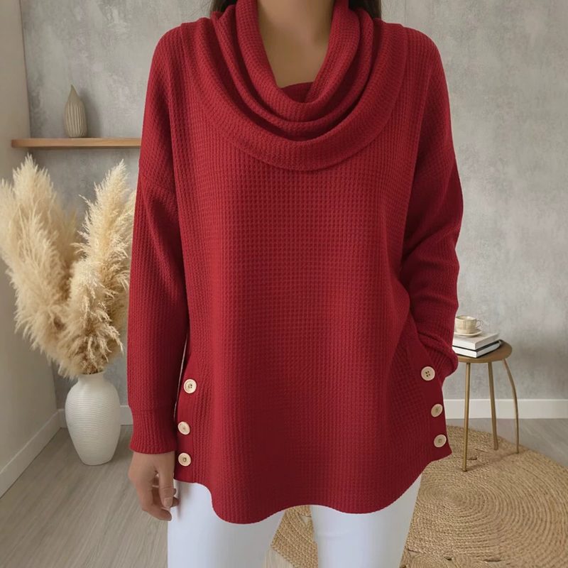 Haut Femme Uni à Col Roulé, Manches Longues et Détails Boutonnés