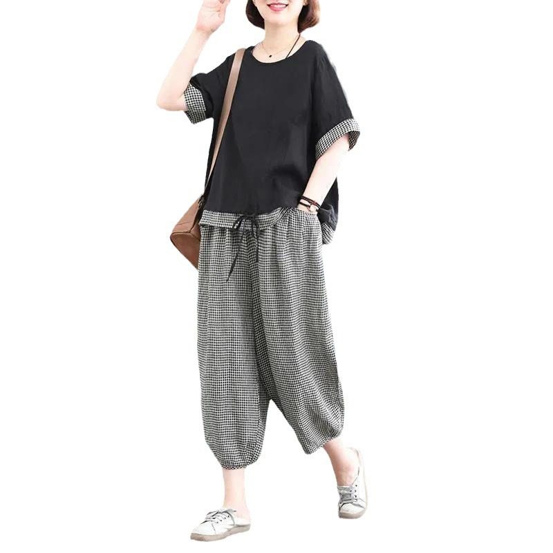 Korean-Style Coupe Ample Imprimé Manches Courtes Pantalon Set