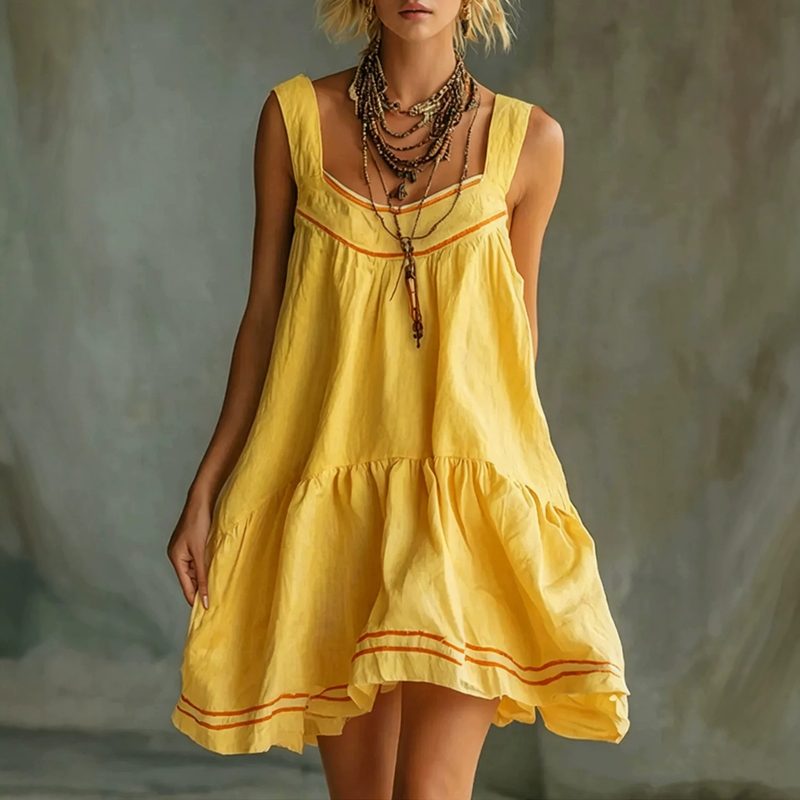 Nouvelle Mini Robe Liquette Rétro Chic en Coton-Lin Gaufré Uni