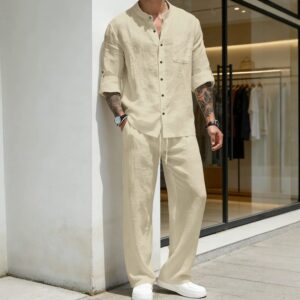 Homme Uni-Color Linen Manches Longues Shirt And Pantalon Two-Piece Set
