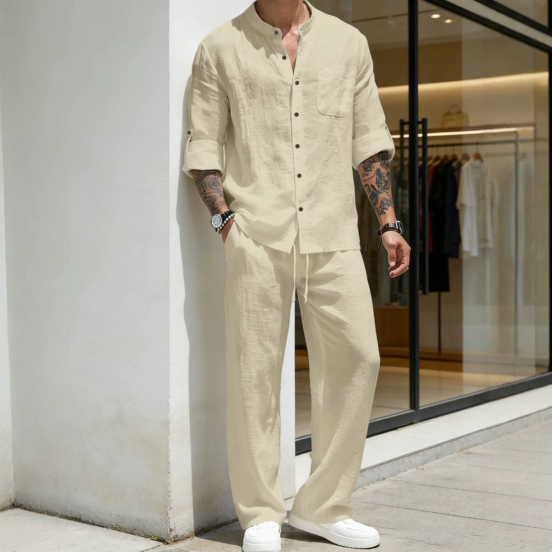 Homme Uni-Color Linen Manches Longues Shirt And Pantalon Two-Piece Set